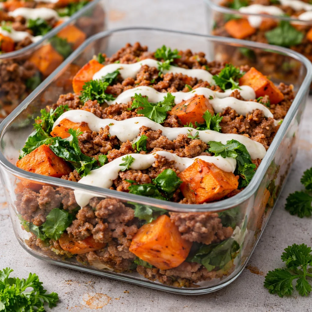 Meal prep container of beef and sweet potato hash with spinach, parsley, and drizzled yogurt sauce