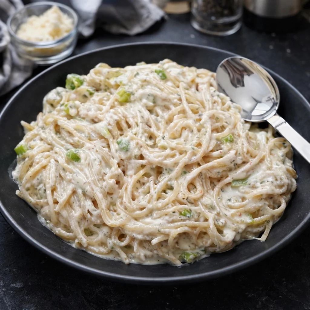 Plate of creamy spaghetti topped with sliced spring onions and a spoon resting in the bowl