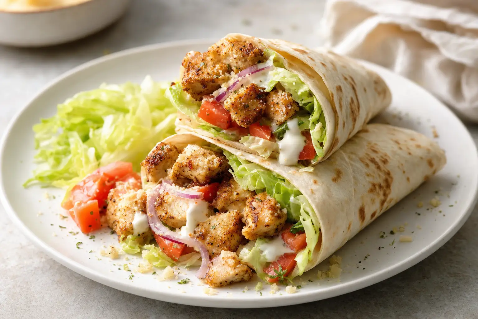Two halved chicken wraps stacked on a white plate, showing browned parmesan-crusted chicken cubes, shredded lettuce, diced tomato, red onion, and a drizzle of white sauce