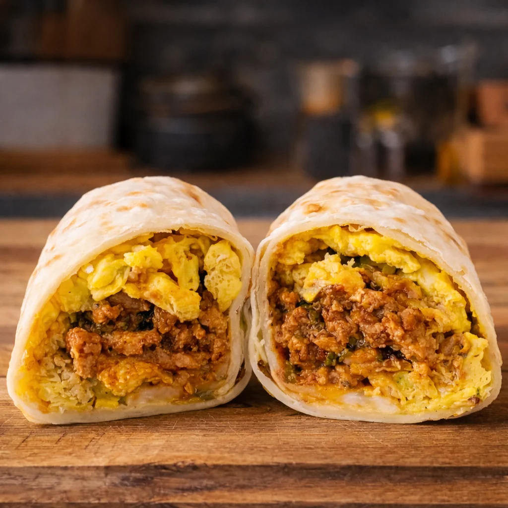 Two halves of a breakfast burrito on a board showing scrambled egg and spiced turkey filling