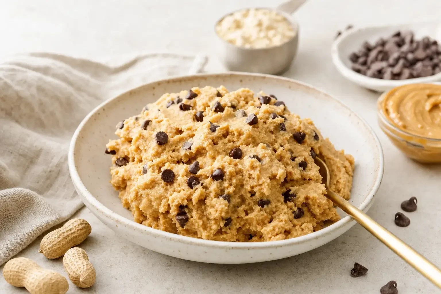 Bowl of high-protein cookie dough with chocolate chips, a spoon, peanuts, and peanut butter beside it