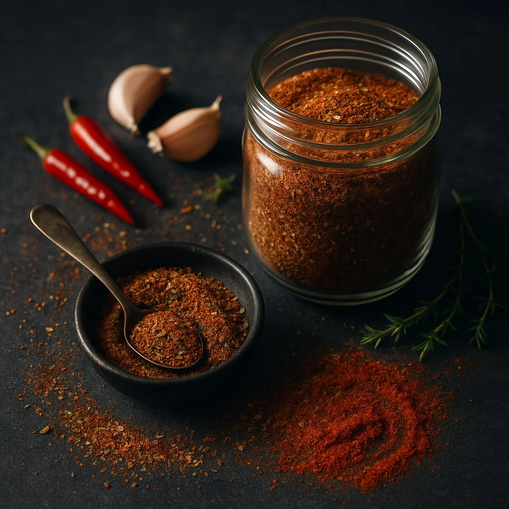 Jar of homemade Cajun seasoning next to a small bowl of the blend, dried chilies, and garlic