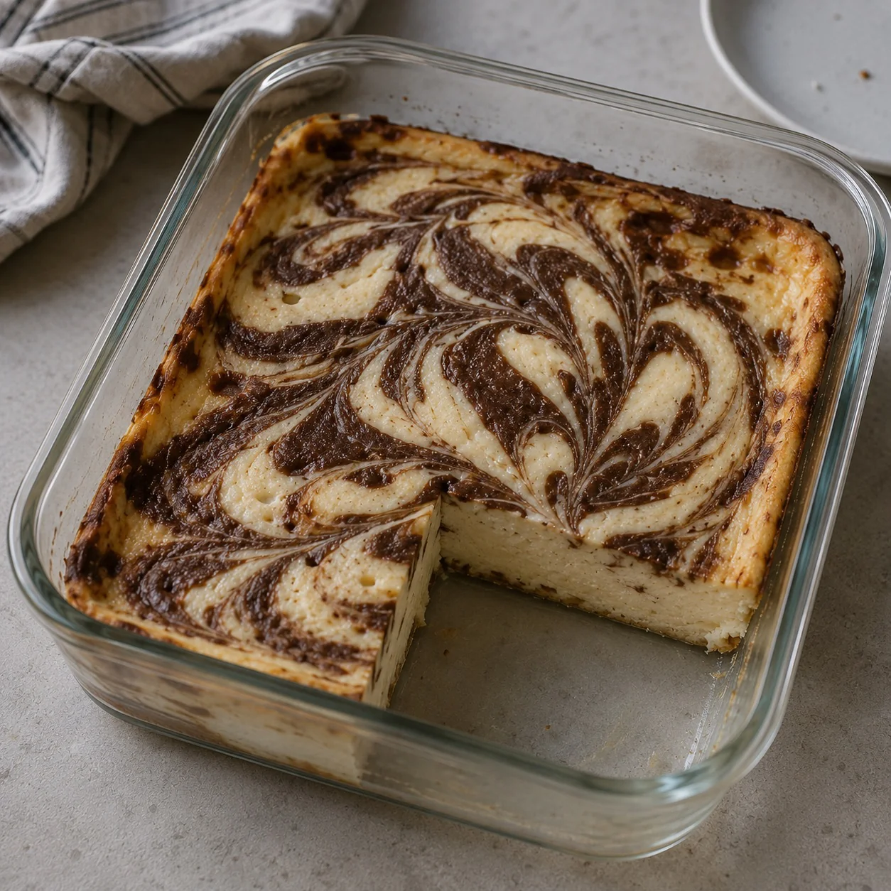Marbled cheesecake in a square glass baking dish with a chocolate swirl pattern and one piece cut out