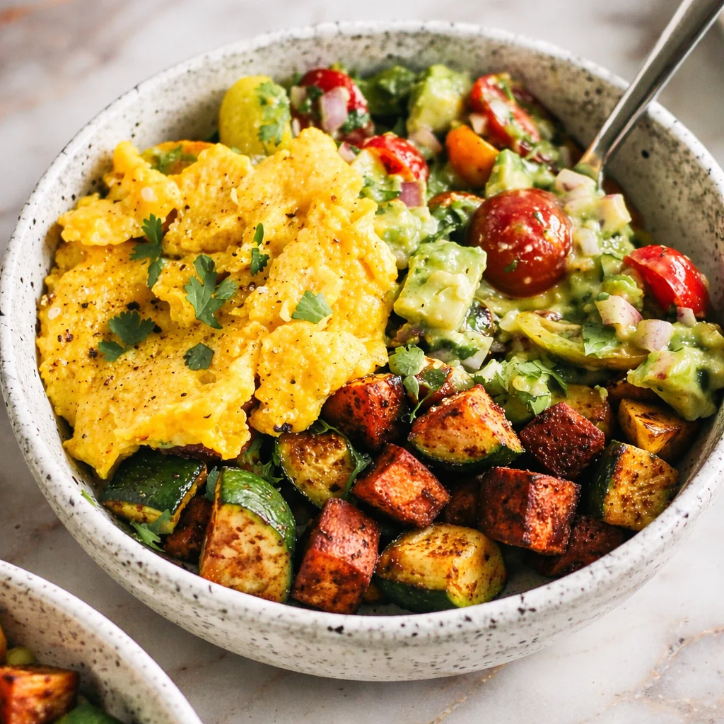 Breakfast bowl with scrambled eggs, roasted sweet potato and zucchini, and a tomato avocado topping