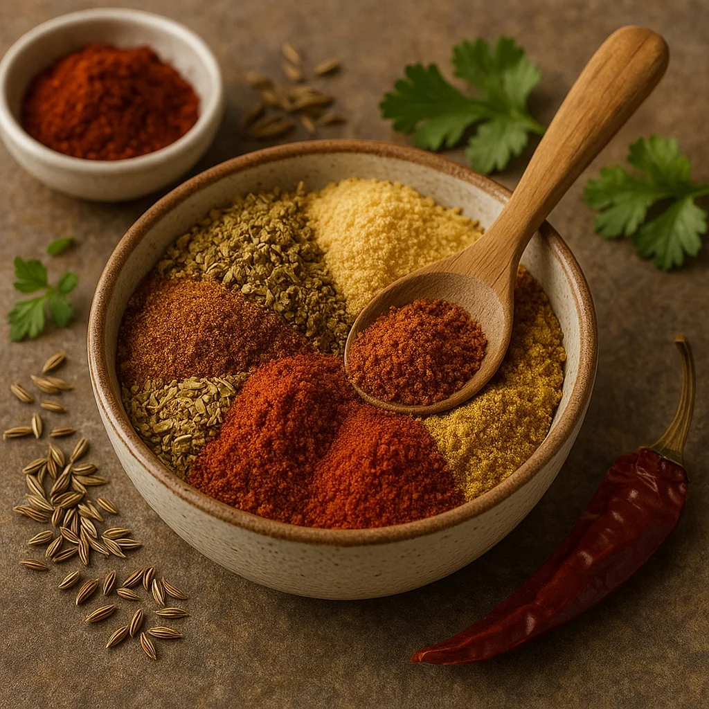 Homemade taco seasoning mix in a bowl with a wooden spoon